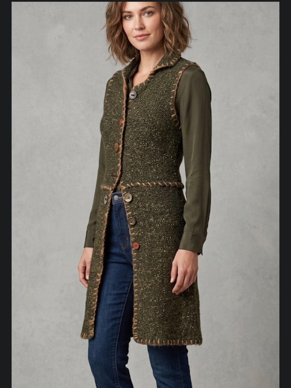 Anthropologie Curio Brown Longline Knit Vest Sleeveless Button Front Small